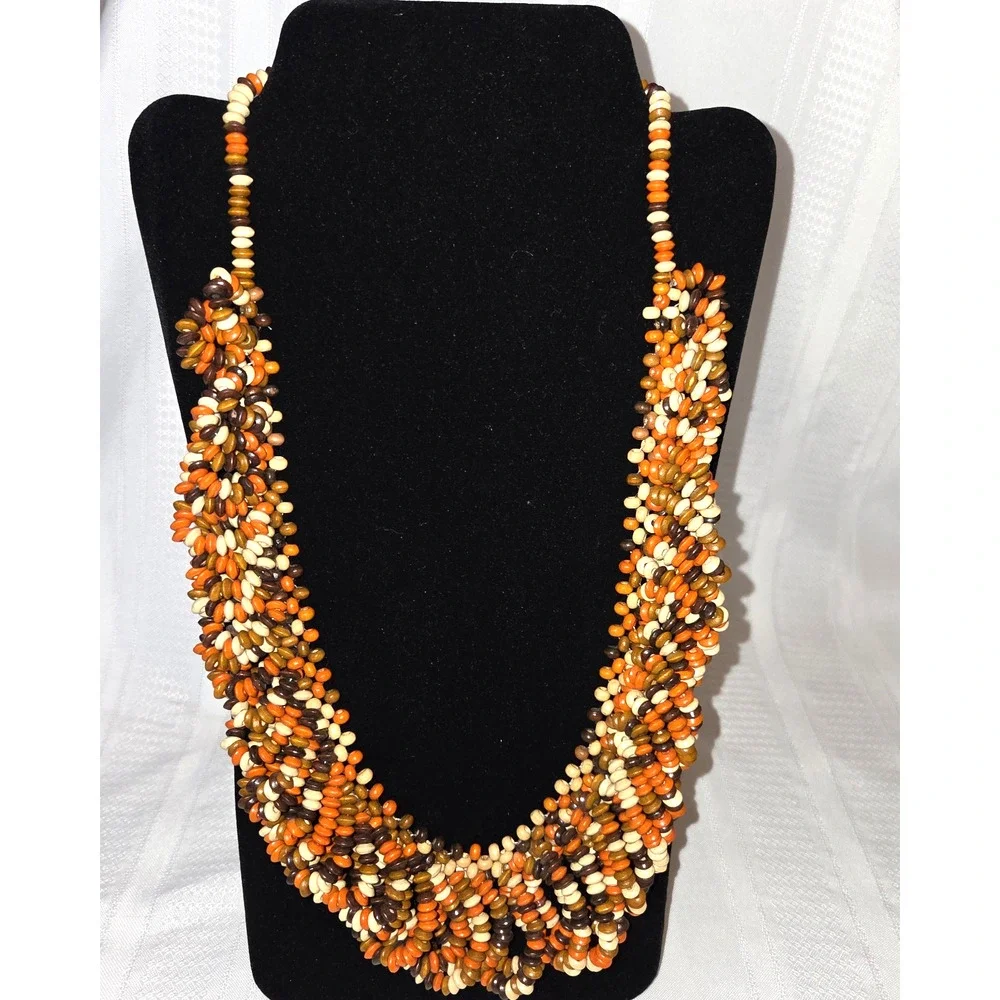 Multi Strand Seed Beads Necklace Fashion Fall Color Orange Brown Cream Costume - Picture 1 of 9